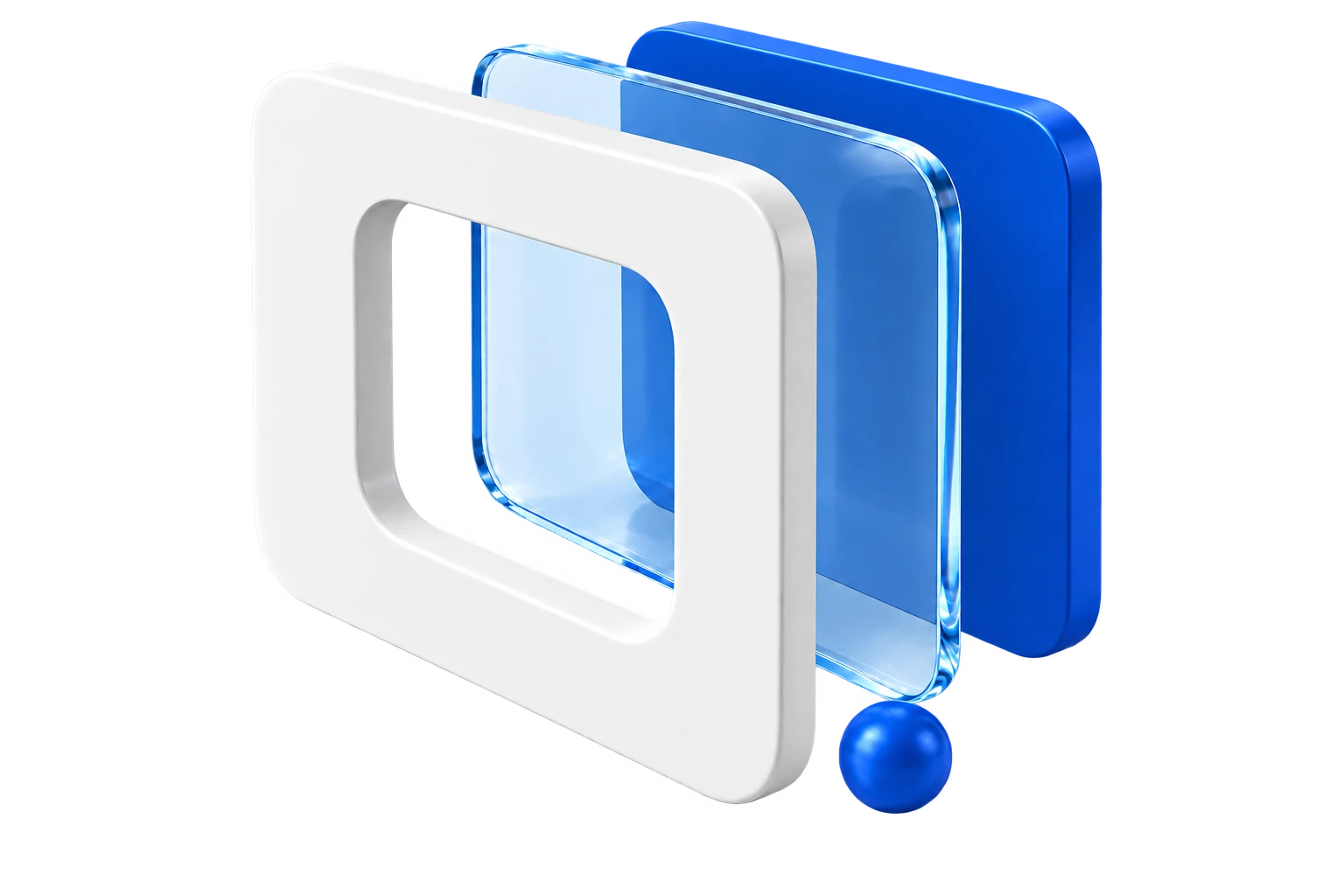 A sculptural arrangement of white and blue architectural planes representing the development of a digital product.
